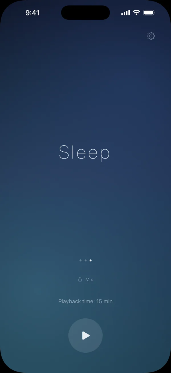 Home screen with Sleep selected, a 15-minute playback time, a play button, and locked Mix control.