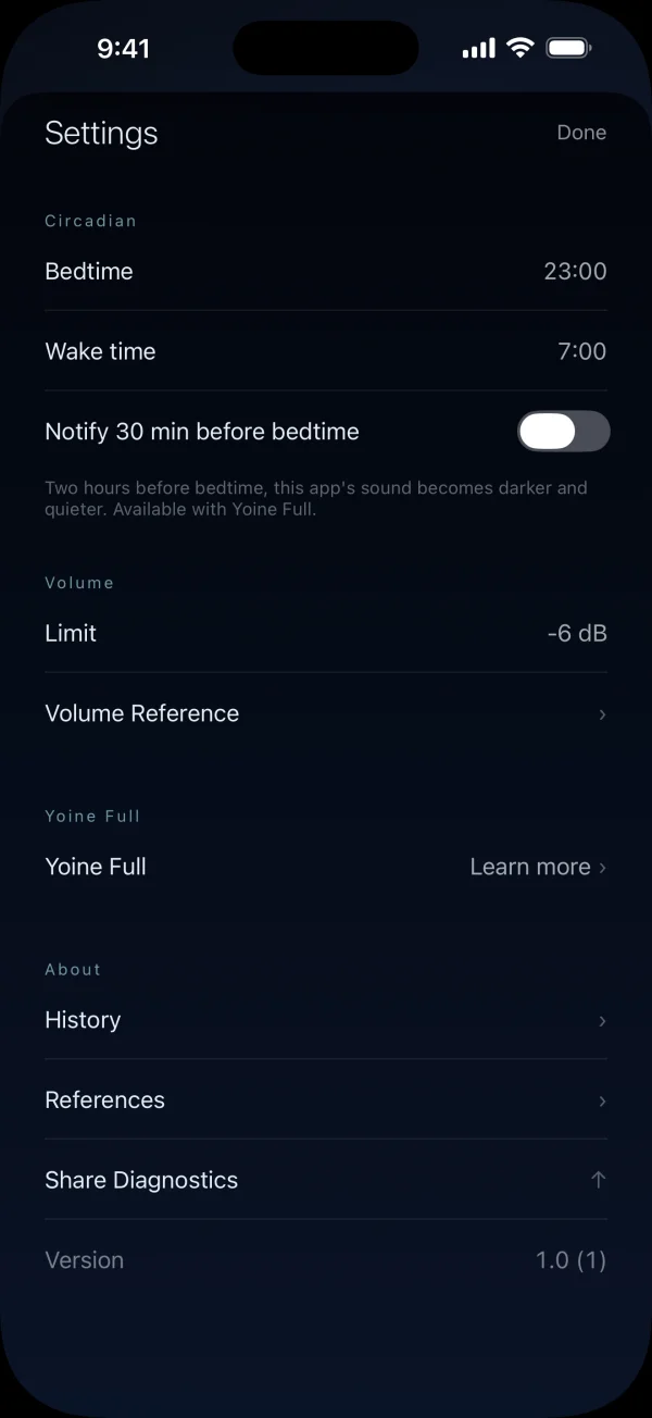 Settings screen showing bedtime, wake time, volume limit, and a link to Yoine Full.